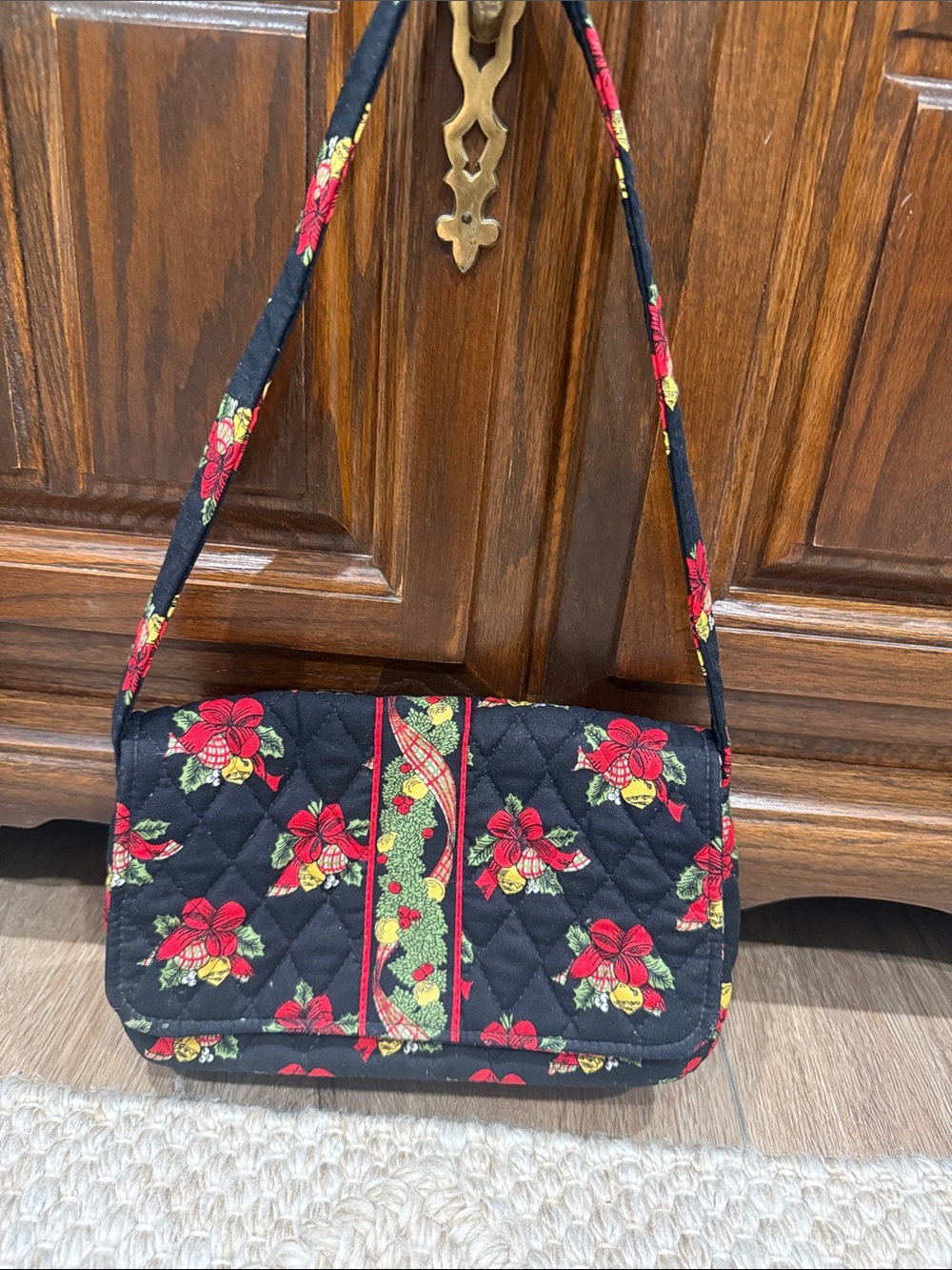 Quilted Black Floral Shoulder Bag with Red Poinsettia Print Holiday Christmas